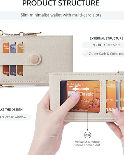 POIUGOYA Slim Wallet for Women,RFID Blocking Bifold Credit Card Holder with Zipper Coin Pocket,ID Window,Keychain
