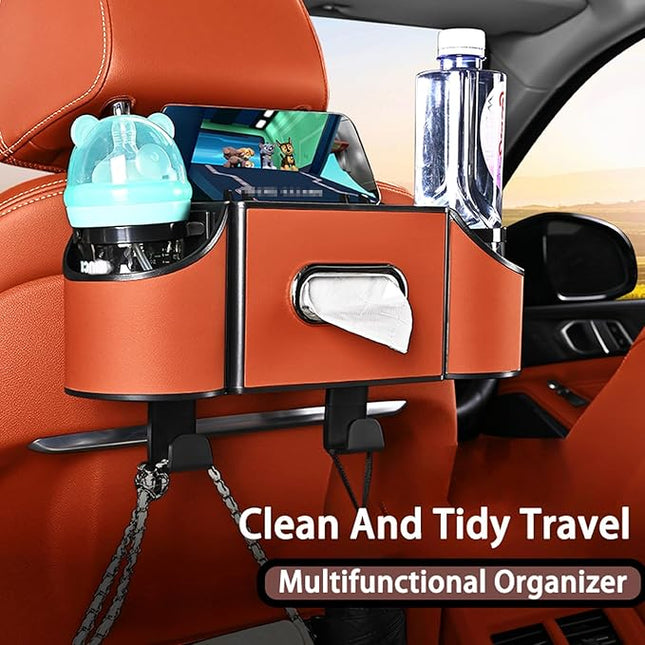 Back Seat Car Organizer,4 in 1 Multifunctional Car Back Seat Storage Box with Drink Cup Holder Tissue Box, for Hold Phone,Snacks, Drinks, Handbag-Orange