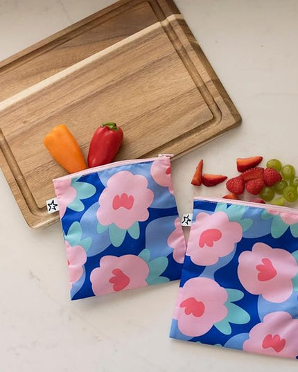 Tiny Twinkle Reusable Snack Bags for Kids – 3 Pack Snack Pouches & Sandwich Bag for Toddlers – Machine Washable, Mess-Proof for Lunch & Travel (Blue Floral)