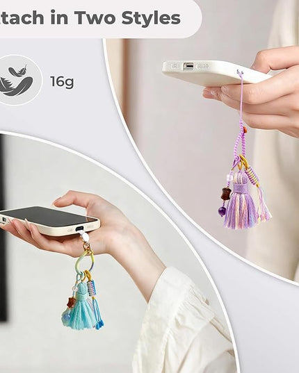 Boho Phone Charm with Tassel, Handmade Macrame Woven Phone Accessory, Cute Aesthetic Crystal & Wood Beaded Pendant Decoration for Cellphone, Bag, Keys