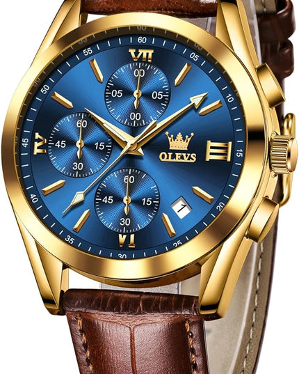 OLEVS Men's Chronograph Leather Watch, Big Face Easy to Read Analog Quartz Dress Watch, Casual Waterproof Luminous Hands Date Watches for Men, White/Blue/Black/Gold Dial