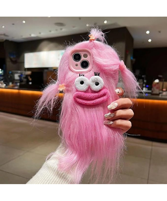 for iPhone 16 Plus Case,Funny and Silly Weird Furry Phone Cases [DIY Long Hair with Hairclip] Ugly Phone Case Swap Challenge Gifts with Friends (Pink)