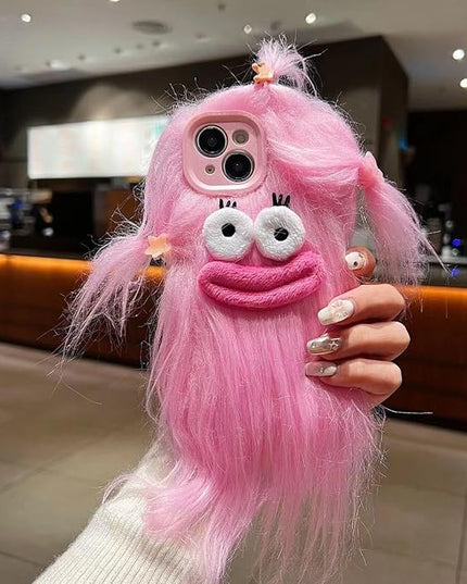 for iPhone 16 Pro Max Case,Funny and Silly Weird Furry Phone Cases [DIY Long Hair with Hairclip] Ugly Phone Case Swap Challenge Gifts with Friends (Pink)