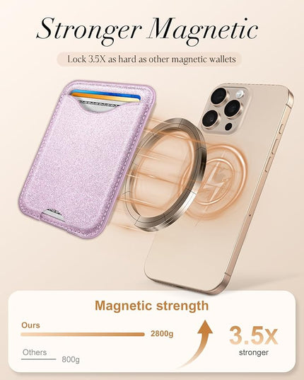 Shorogyt Compatible with Magsafe Wallet Magnetic Card Holder - Glitter Light Purple Phone Wallets for Women Teen Girls for iPhone 17/16/15/14/13/12 Series Slim for Apple Mag RFID Magnet, Fit 3 Cards