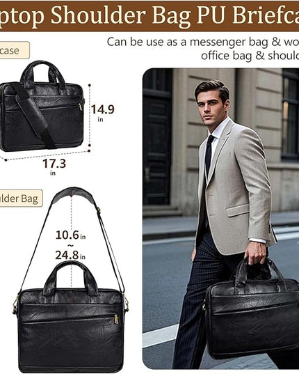 Faux Leather Messenger Bag for Men 17-17.3 Inch: Laptop Bag Briefcase Computer Handbags Shoulder Crossbody Bag with Padded Laptop Sleeve for Work College Travel, PU Black