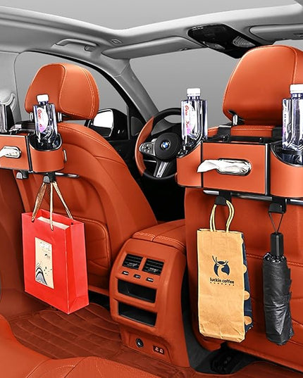 Back Seat Car Organizer,4 in 1 Multifunctional Car Back Seat Storage Box with Drink Cup Holder Tissue Box, for Hold Phone,Snacks, Drinks, Handbag-Orange