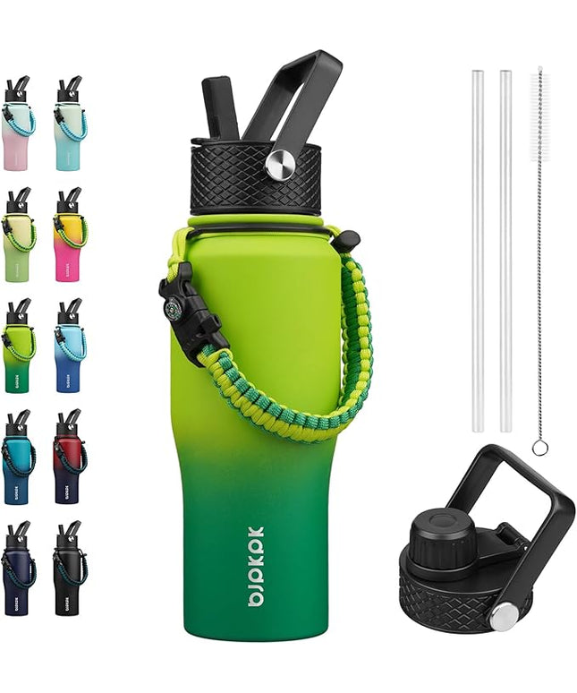 BJPKPK Insulated Water Bottles with Straw Lid, 23oz Metal Water Bottle with 2 lids & Paracord Strap, Double Wall Stainless Steel Vacuum Tumblers, Cups, Mugs, Thermo for Hot& Cold Drinks, Bamboo Grove