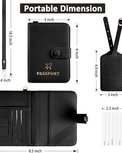 Passport Holder RFID Protected Wallet and Luggage Tag with Protection Cover Travel Accessories Leather Card Case Organizer for Women Men (Black)