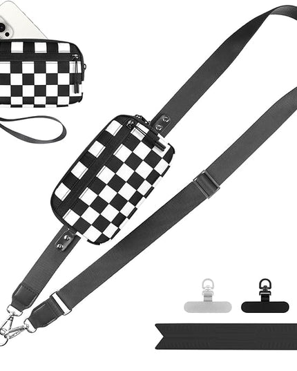 Clip and Go Strap for Phone with Wallet Crossbody, Adjustable Phone Lanyard with Detachable RFID Wristlet Wallet, Phone Strap with Phone Tabs for All Phones, Black Checkered (L)