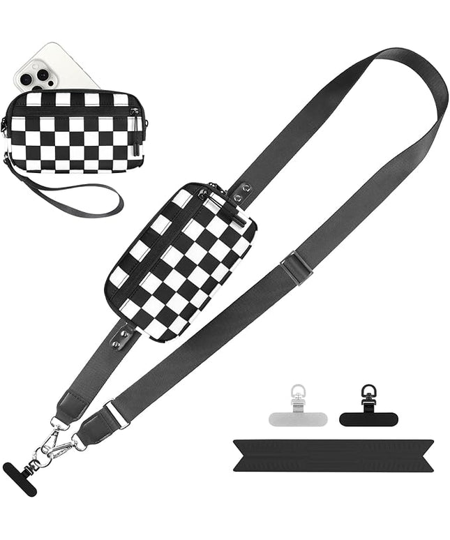 Clip and Go Strap for Phone with Wallet Crossbody, Adjustable Phone Lanyard with Detachable RFID Wristlet Wallet, Phone Strap with Phone Tabs for All Phones, Black Checkered (L)