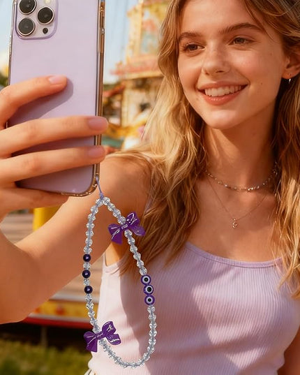 Handmade Evil Eye Phone Charm Strap – Purple Beaded Phone Chain with Pearl & Bow Pendant, Cute Wrist Strap Phone Lanyard for Women Girls