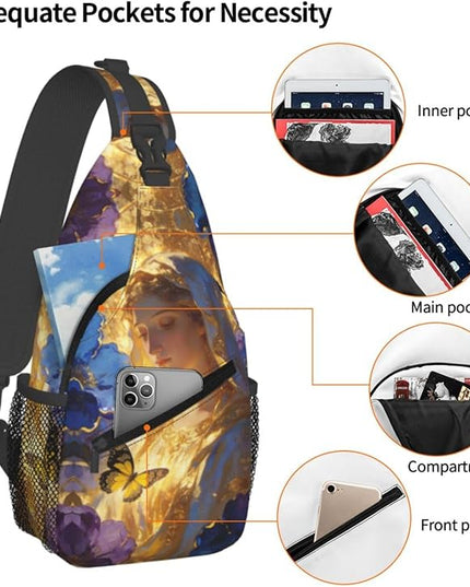 Our Lady of Guadalupe Sling Bag Crossbody Bags Clovers Chest Bag for Travel Hiking for Men Women Golden Mary 5