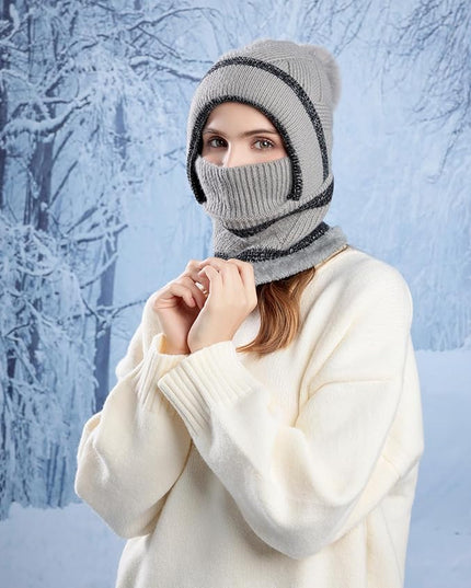 HUAMULAN Women Winter Beanie Hats One Piece Fleece Lined Knit Balaclavas Mask Set Skull Neck Circle Scarf Ski Snow Hat Pompom