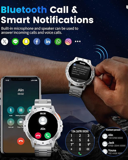 LIGE 1.43" AMOLED Smart Watch for Men with Flashlight, Bluetooth Calling, 100+ Sport Modes, 530mAh, IP68 Waterproof Fitness Tracker for Workout, iOS Android Compatible, Silver Steel