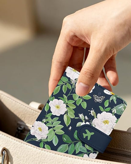 Passport Holder, Travel Wallet Cover with Pen Loop | Cute RFID Blocking Leather Case with Magnetic Closure for Travel Essentials-flower