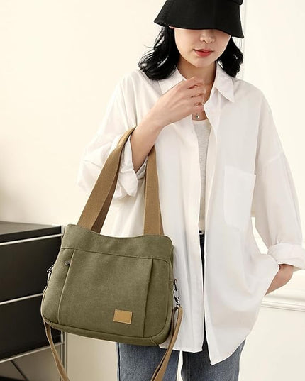 Sunshinejing Women's Canvas Purse Small Shoulder Tote Work Crossbody Bag Multi-pocket Handbag