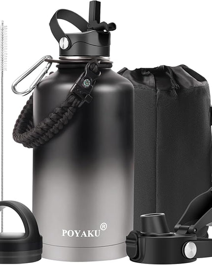 Water Bottle Insulated 32oz 40oz 64oz 128oz Straw Lid Spout Lid & 3 Lids, Leak Proof, Vacuum Insulated,Stainless Steel Water Bottle Wide Mouth for Sports, Gym or Office