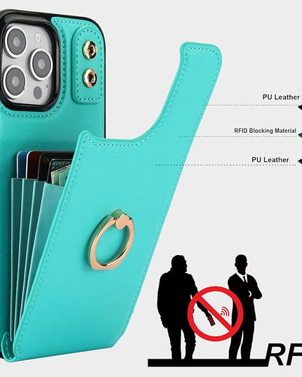 Folosu Compatible with iPhone 16 Pro Max Case Wallet with Card Holder, 360°Rotation Finger Ring Holder Kickstand, RFID Blocking Leather Protective Double Buttons Shockproof Cover 6.9 Inch Mint Green