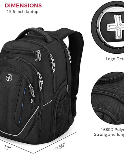 Swissdigital Design TSA-Friendly Large Backpack, Business Laptop Backpack for Men with USB Charging Port/RFID Protection Black | J16BT-1