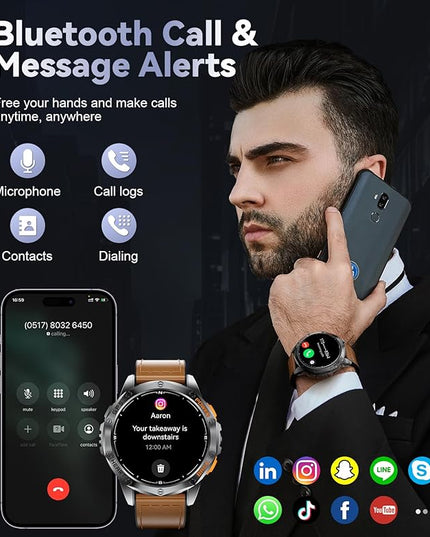 LIGE GPS Smart Watches for Men, Bluetooth Call, LED Flashlight, Compass, 1.43" AMOLED Fitness Watch with Heart Rate/Sleep Monitor, 100+ Sports Modes, iOS Android Compatible, Military Outdoor, Brown