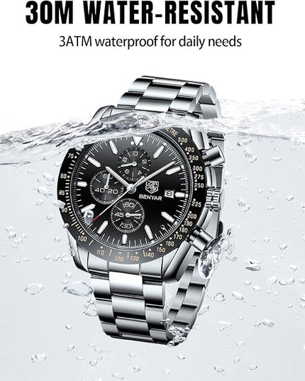 BY BENYAR Watch for Men Analog Quartz Chronograph Waterproof Luminous Designer Mens Wrist Watches Business Work Sport Casual Dress Watch with Silicone Strap Elegant Gifts for Men