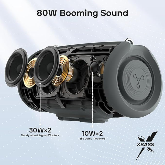 Tribit Portable Bluetooth Speaker StormBox Lava, 80W Loud Wireless Speaker, 24H Playtime, IP67 Waterproof, BT5.4, Custom EQ, XBass, Built-in Mic, TWS Pairing for Camping/Beach/Travel/Outdoor (Gray)