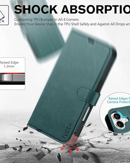 TUCCH Wallet Case for iPhone 16, Magnetic PU Leather Kickstand Flip Cover with 4 Card Slot Shockproof TPU Interior Shell, [RFID Blocking] Folio Case Compatible with iPhone 16 5G 2024, Teal Blue
