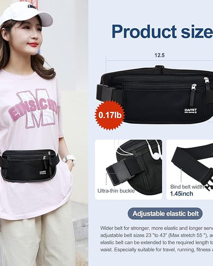 RFID Blocking Money Belt for Men Women, Slim Fanny Pack For Travel，Running,Conceal Waist Wallet For Passport Holder,Phone,Cash(Dark Black)