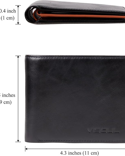 VISOUL Mens Bifold Wallet with 2 ID Windows and 2 Money Compartments, Genuine Leather Designer Wallet with RFID Blocking, Stylish Two-tone Back Wallet for Men (Black and Orange)