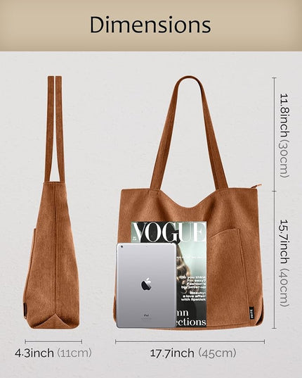 Prite Corduroy Tote Bag for Women Large Shoulder Bag with Zipper and Pockets for College Work Travel Shopping