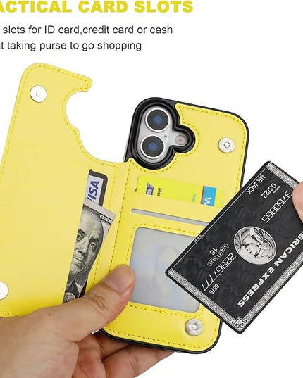 ONETOP Compatible with iPhone 17 Wallet Case with Card Holder, PU Leather Kickstand Card Slots Case, Double Magnetic Clasp and Durable Shockproof Cover 6.1 Inch (Yellow)
