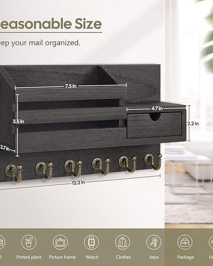 FifthQuarter Key and Mail Holder for Wall, Mail Organizer Wall Mount with 6 Hooks and Storage Drawer, Easy Installation Key Rack for Entryway and Home Decor (A-Black)