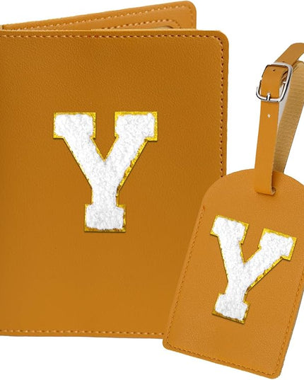 Initial Passport Cover Holder and Luggage tag Set,PU Leather Passport Case Travel Suitcase Tag with Letter Patch, Personalized Travel Luggage Accessories Gifts for Women Grils Teenage Ginger Y