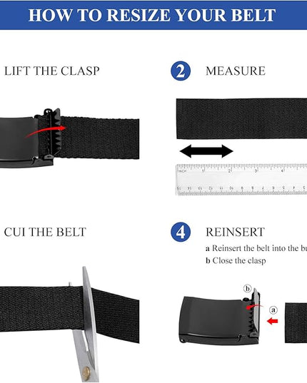 WHIPPY Canvas Web Belt Flip-Top Solid Black Military Buckle Fully Adjustable Mens Webbing Belts Cut To Fit