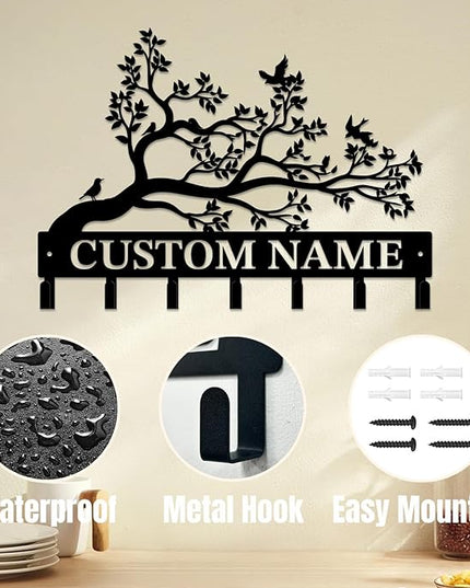 Personalized Custom Name Birds of Trees Wall Key Hooks,Metal Birds of Trees Art Clothes Hooks,Metal Birds of Trees Wall Home Storage Decorative,For Front Door, Hallway, Kitchen, Bedroom(Style B)