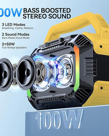 Wilody Speakers Bluetooth Wireless, 100W Loud Outdoor Speaker with Bass, IPX7 Waterproof Floatable, 20H Playtime, Wireless Charge, TWS, RGB Light, Portable Speaker for Work, Garage, Outdoor (Yellow)