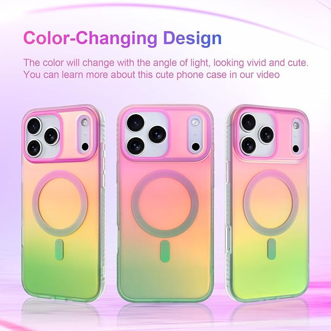 Aesthetic Case for iPhone 17 Pro Case for Women Girls [Compatible with Magsafe] Cute Girly Trendy Glitter Sparkly Rainbow Magnetic Protective Phone Cover, Matte Iridescent Pink & Green