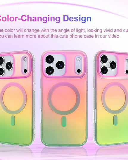 Aesthetic Case for iPhone 17 Pro Max Case for Women Girls [Compatible with Magsafe] Cute Girly Trendy Glitter Sparkly Rainbow Magnetic Protective Phone Cover, Matte Iridescent Pink & Green