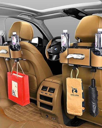 Back Seat Car Organizer,4 in 1 Multifunctional Car Back Seat Storage Box with Drink Cup Holder Tissue Box, for Hold Phone,Snacks, Drinks, Handbag-Light Brown