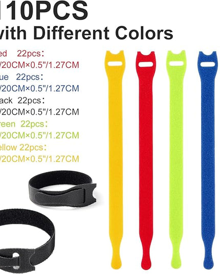 OneLeaf 110PCS Cord Organizer 8 × 1/2" Reusable Cable Ties with Hook and Loop, Colorful Fastening Cord Ties Wire Management for Home, Office, Data Centers, and Electronics, 5 colors