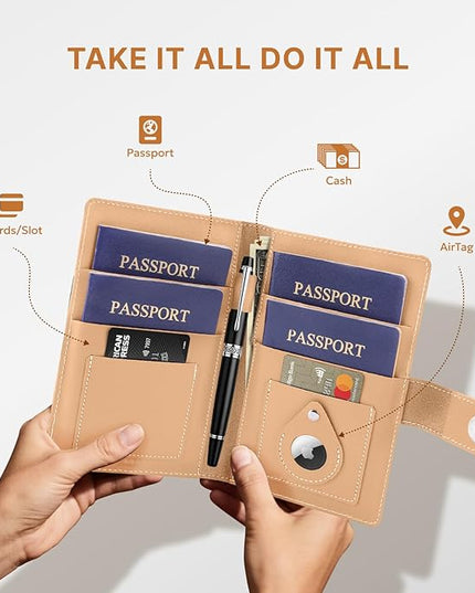 ALLIVE RFID Blocking Passport Wallet with AirTag Slot, Genuine Leather Passport Holder for Family Travel of 4, Travel Essentials & Gift, Airport Must-Have (Beige)