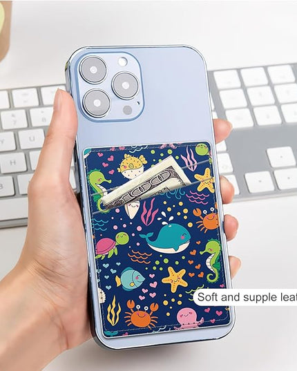 Phone Card Holder, Dual Pocket Leather Wallet Adhesive Stick On, Cute Credit Card Holder for Smartphones Case Compatible with Most Phone（Cute whale）