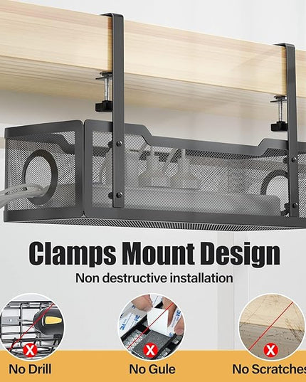 2 Pack Under Desk Cable Management Box Black, Cinati 26.8" Wire Organizers No Drill, Cord Organization Tray with Clamp for Office, Home - No Damage to Desk