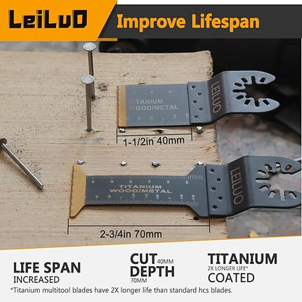 LEILUO 50 Pcs Oscillating Saw Blades Kit Extra-Long Titanium Multitool Blades for Wood Nails Drywall Universal Oscillating Tool Accessories with Storage Bag Fits DeWalt Makita Milwaukee and More