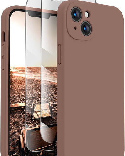 FireNova Designed for iPhone 14 Case, Silicone Upgraded [Camera Protection] Phone Case with [2 Screen Protectors], Soft Anti-Scratch Microfiber Lining Inside, 6.1 inch, Light Brown