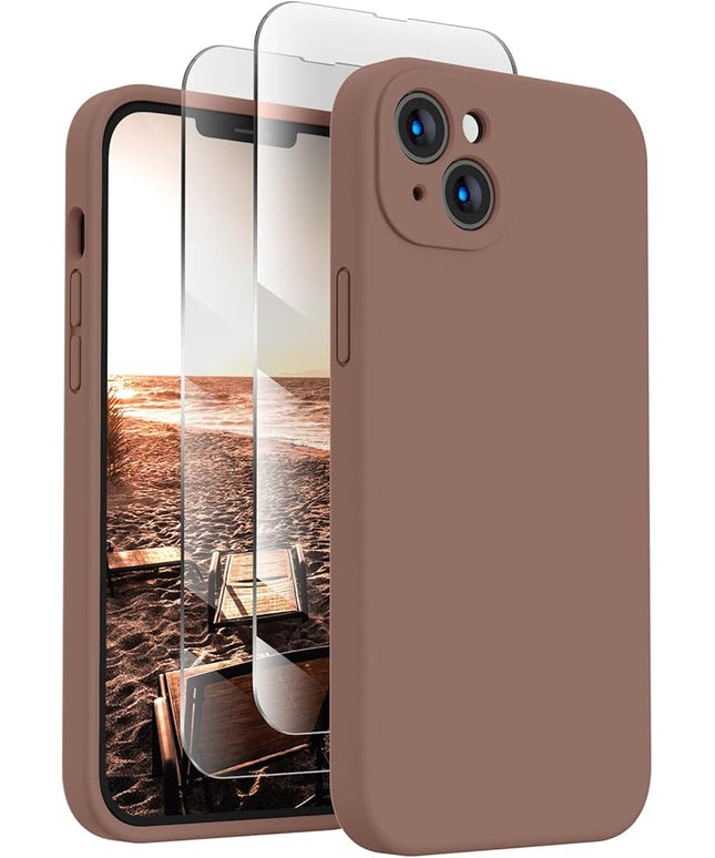 FireNova Designed for iPhone 14 Case, Silicone Upgraded [Camera Protection] Phone Case with [2 Screen Protectors], Soft Anti-Scratch Microfiber Lining Inside, 6.1 inch, Light Brown