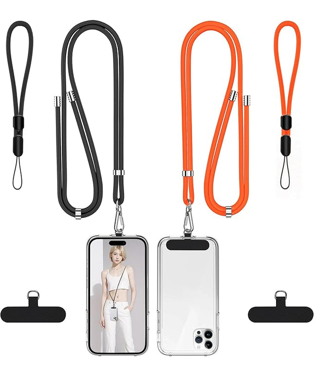 takyu Phone Lanyard, 2 Pack Adjustable CellPhone Lanyard Crossbody Neck Strap & 2 Pack Wrist Strap & Nylon Tether Tabs Compatible for iPhone Android Smartphones Orange Black