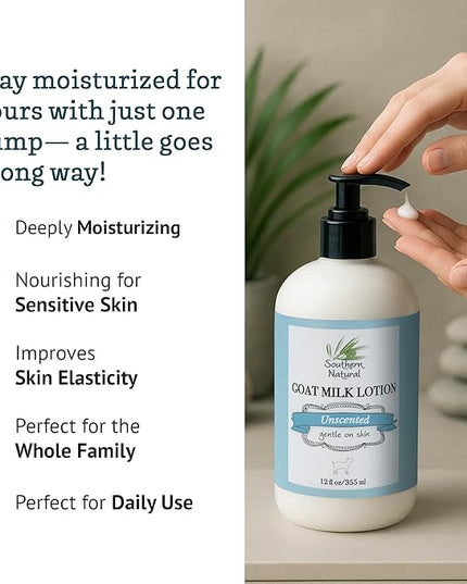 Southern Natural Goat Milk Lotion – Nourishing Face, Body & Hand Moisturizer for Dry & Sensitive Skin - Hydrating Cream, Gentle Skincare for Soft & Smooth Feel - Unscented 12oz