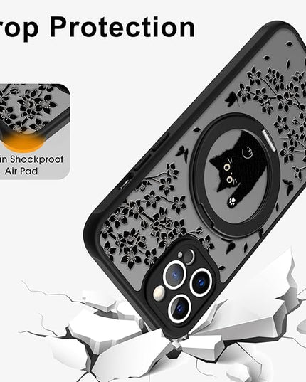 Cute Case for iPhone 12 Pro Case with Stand [ Compatible with MagSafe ] Kawaii Black Cat & Floral & Butterflies Pattern Design 360 Magnetic Ring Kickstand Phone Cover for Women Girls Boys