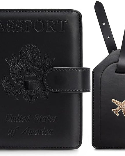 Passport Holder for Travel with Luggage Tag Cover – RFID Blocking Passport Wallet for Women & Men | Leather Passport Cover/Passport Case with Extra Money Pocket & Magnetic Clasp – Black